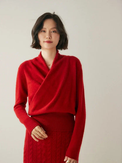 Damen Wickelpullover Elegantes Überkreuz-Design