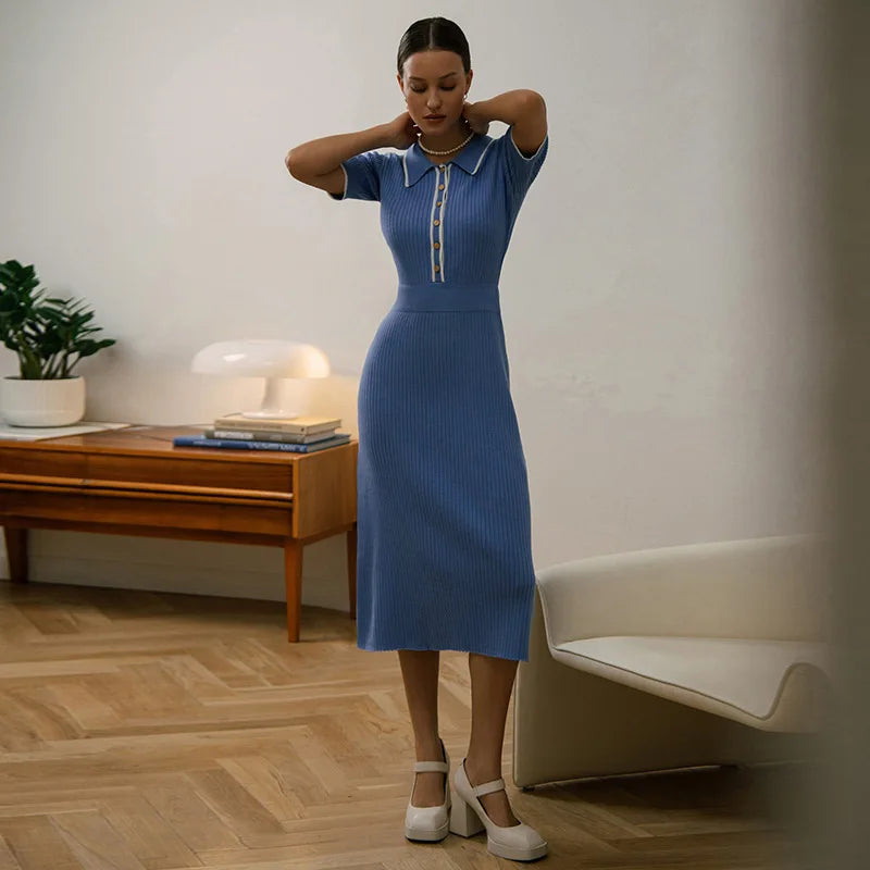 Norvielle Damen Geripptes Kleid Kontrastkragen