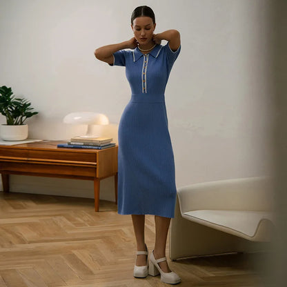 Norvielle Damen Geripptes Kleid Kontrastkragen