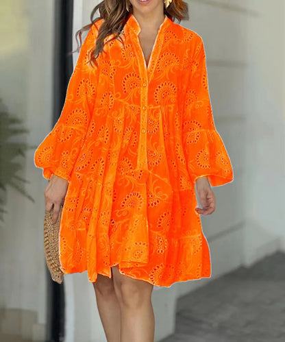 Damen Spitzenkleid Boho-Stil Knopfleiste Weite Ärmel