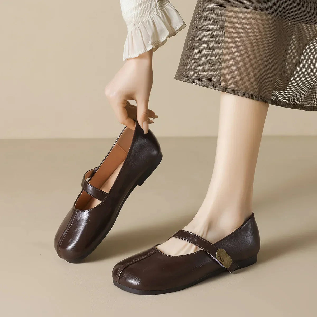 Damen Mary Jane Schuhe Runder Zehenabschluss Flach Leder