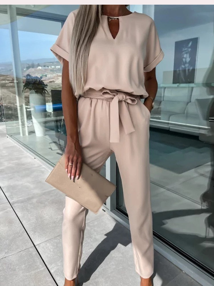 Norvielle Damen Jumpsuit Kurzärmelig Mit Gürtel Elegant