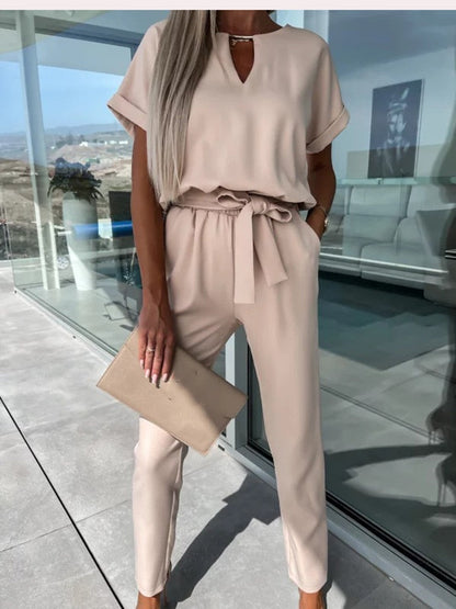 Norvielle Damen Jumpsuit Kurzärmelig Mit Gürtel Elegant
