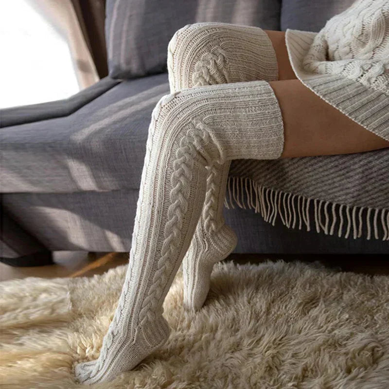 Damen Overknee Stricksocken Weiches Zopfmuster Beige