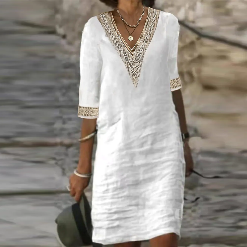 Damen Sommerkleid Boho-Stil V-Ausschnitt Mini