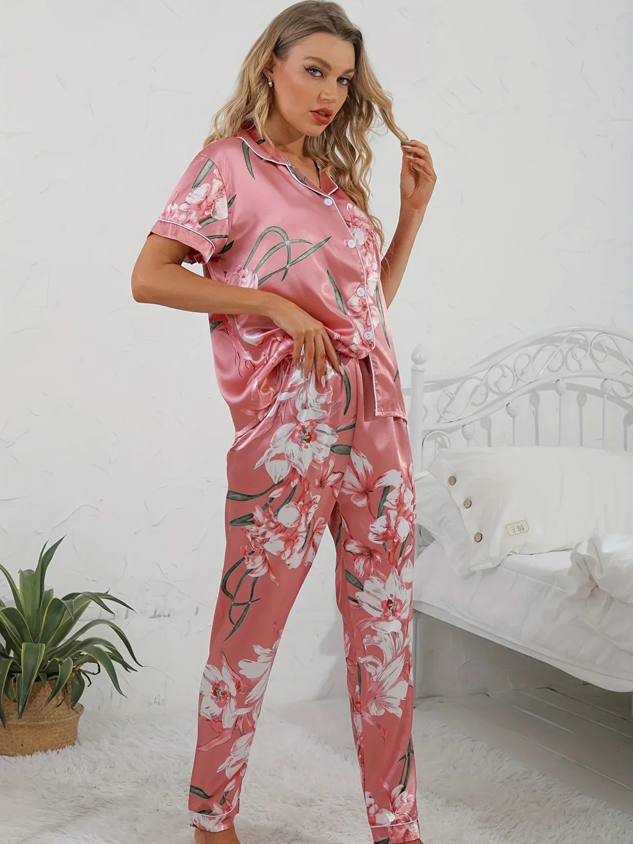 Damen Pyjama Set Rosa Blumenmuster Zweiteiler