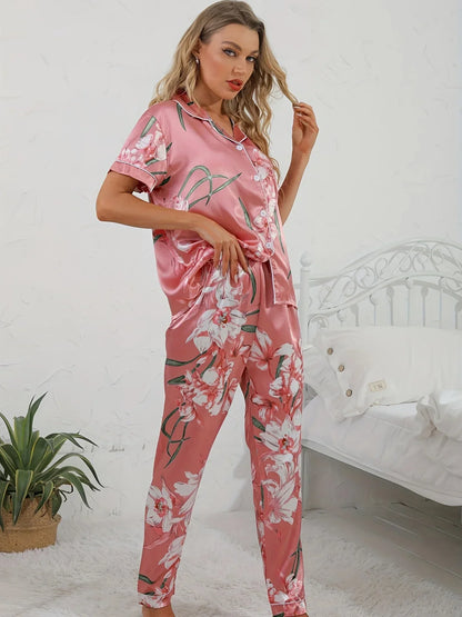 Damen Pyjama Set Rosa Blumenmuster Zweiteiler