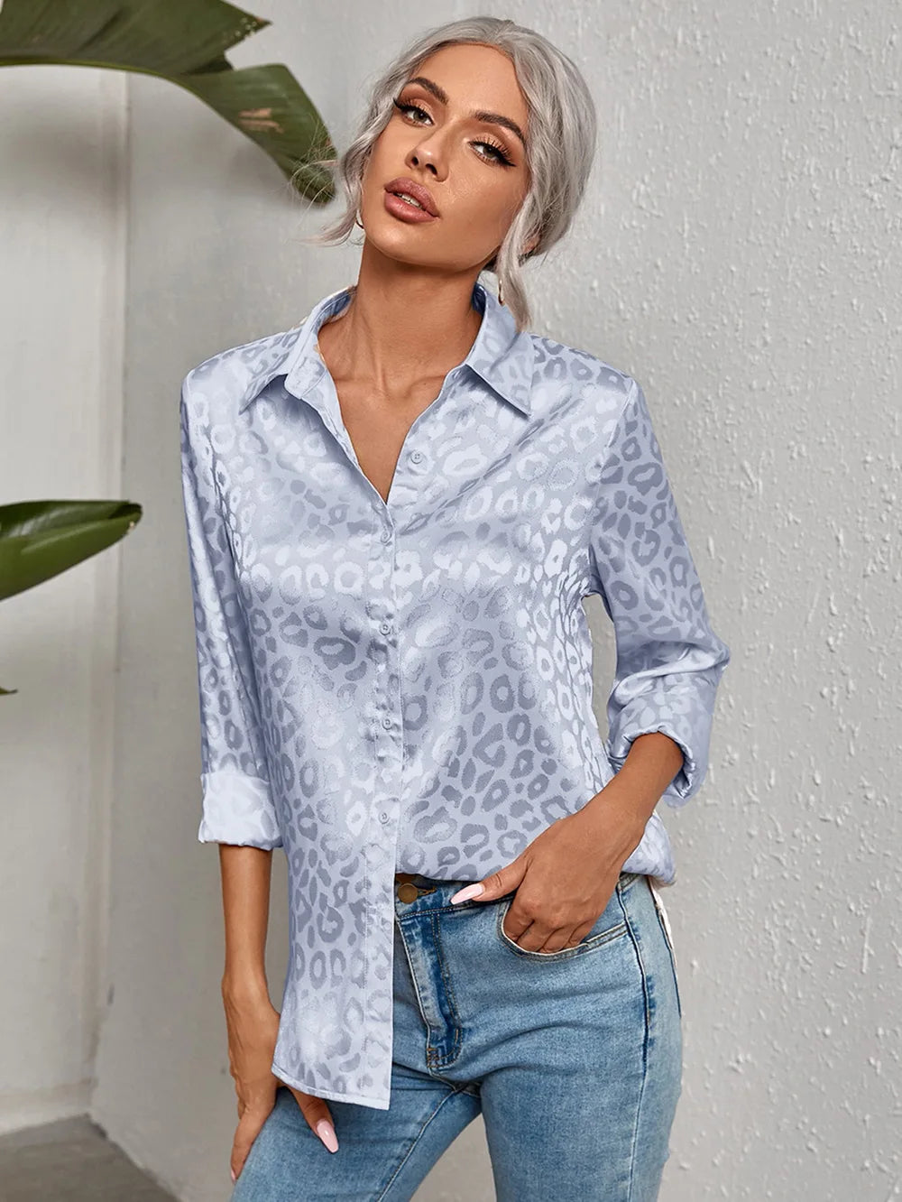 Damen Bluse Glanz-Effekt Langarm Knopfleiste