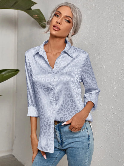 Damen Bluse Glanz-Effekt Langarm Knopfleiste
