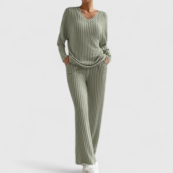 Damen Lounge-Set Rippstrick Weite Hose Beige
