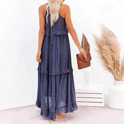 Damen Maxikleid Volants Neckholder Ausschnitt Sommerlich Feminin