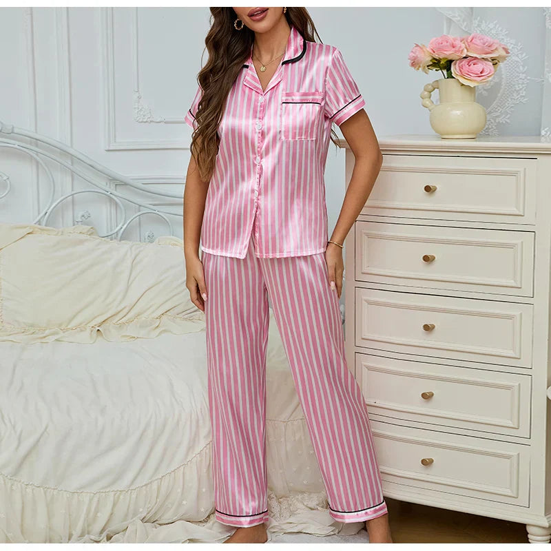 Damen Pyjama Set Zweiteiler Rosa Gestreift - Norvielle