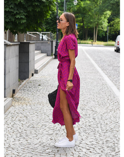 Damen Wickelmaxikleid V-Ausschnitt Kurzarm Bindegürtel Sommer