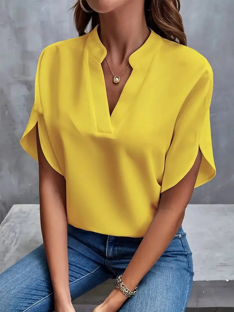 Damen Bluse V-Ausschnitt Kurzarm Lässig