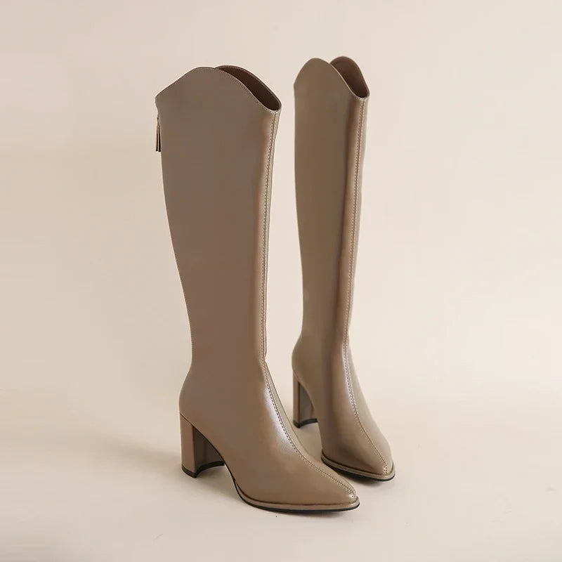 Damen Stiefel Knee High mit Reißverschluss Blockabsatz