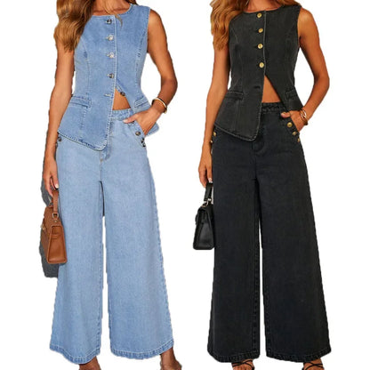 Damen Denim Zweiteiler Set Weste Weitbein Hose
