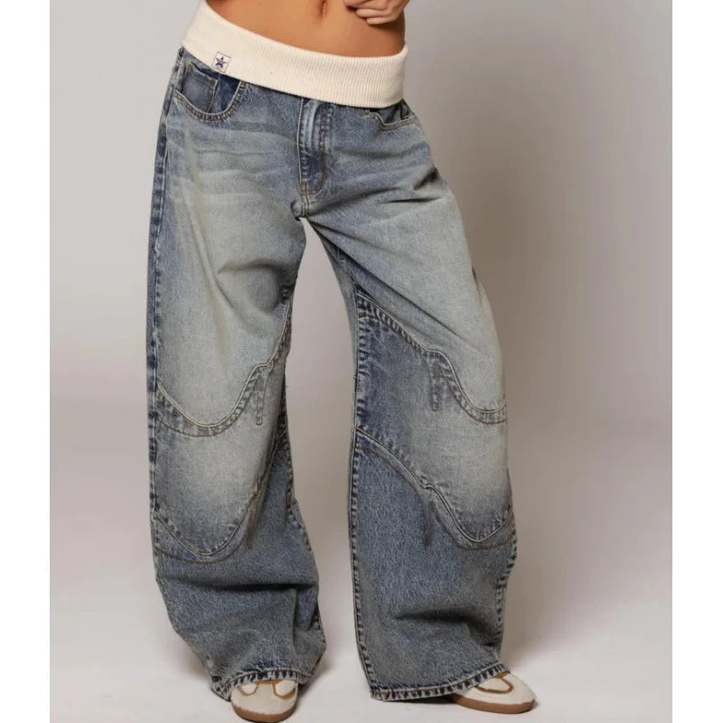 Seyra Damen Baggy Jeans Rippbund Schwarz - Norvielle