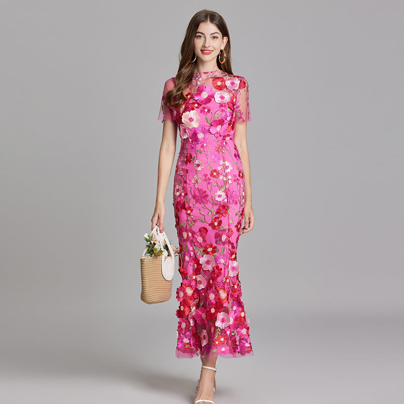 Damen Maxikleid Transparent Blumenstickerei