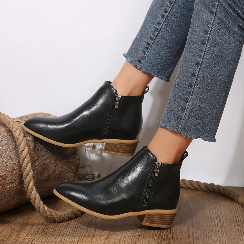 Damen Ankle Boots Lässig Mit Seitlichem Reißverschluss Schwarz - Norvielle