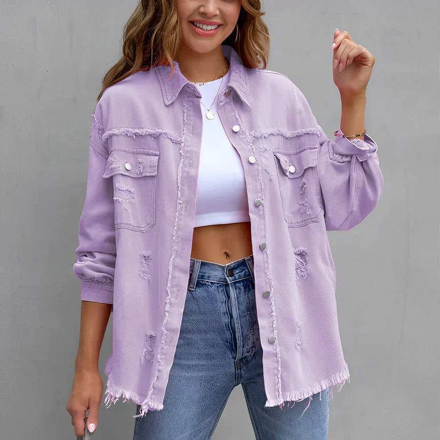 Norvielle Damen Zerrissenes Denim-Hemd mit Knöpfen