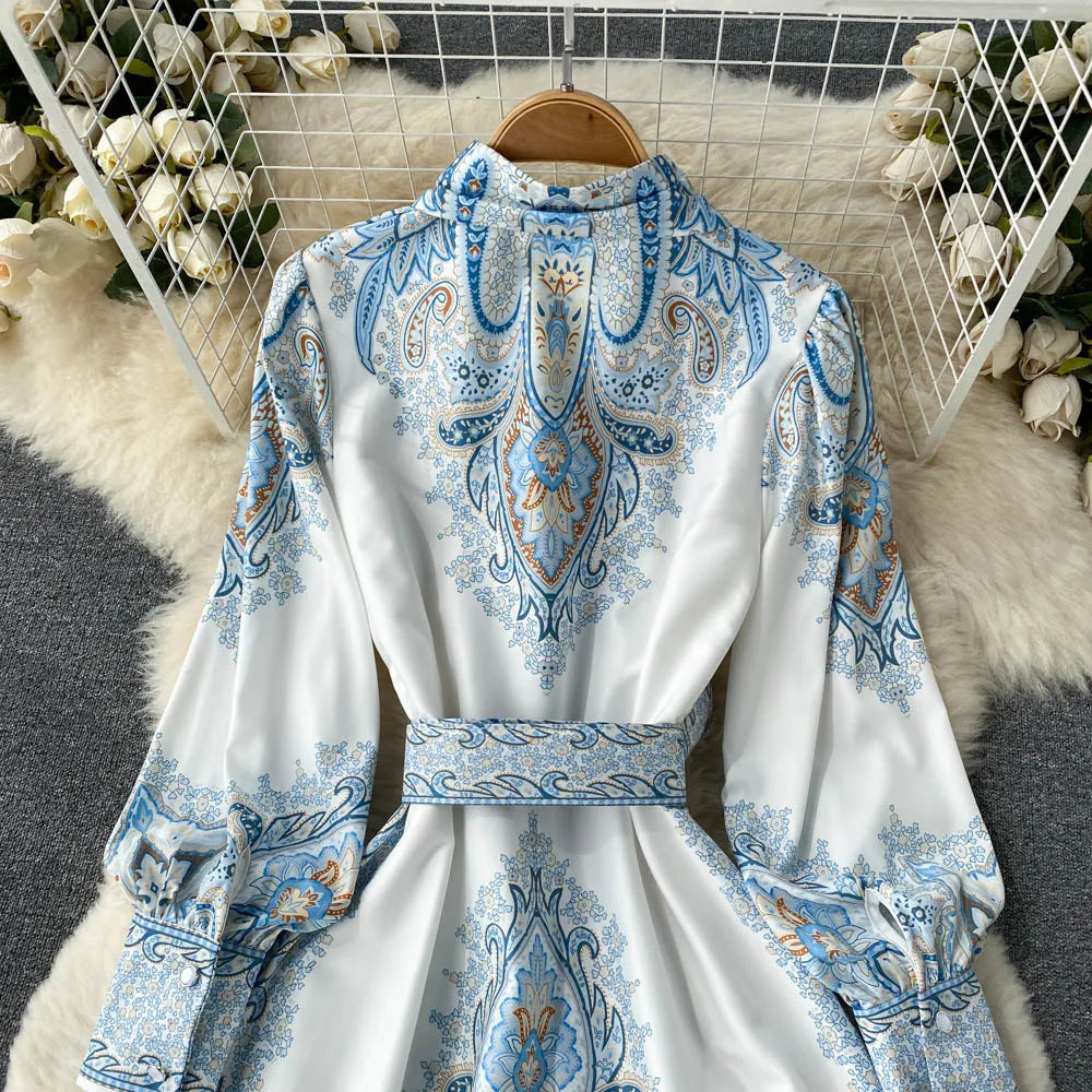 Damen A-Linienkleid mit Gürtel Blumenmuster