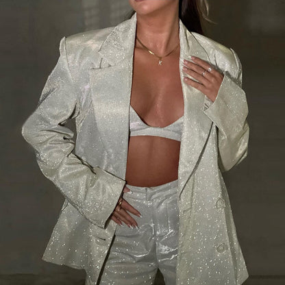 Damen Glitzer-Set Blazer Hose Bralette Dreiteilig Silber