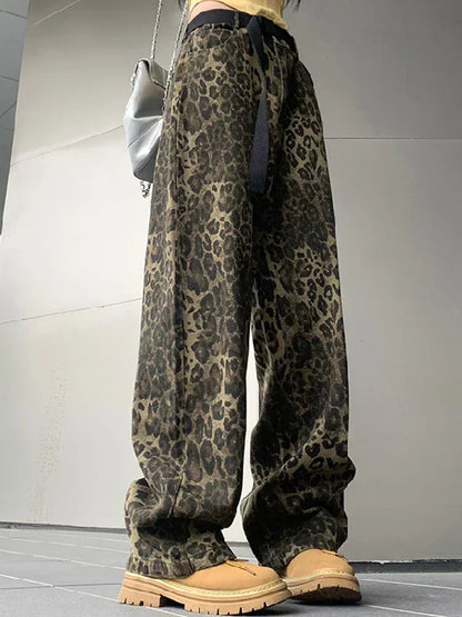 Damen Jeans Weites Bein Leopardenmuster