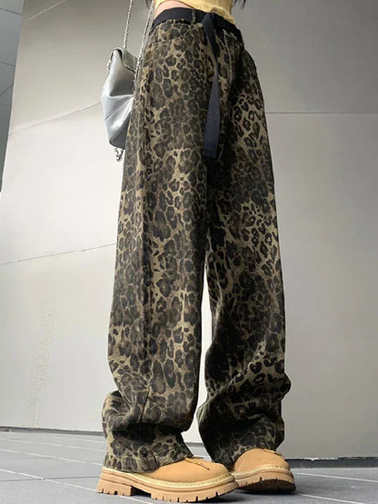 Damen Weite Jeans Leopardenmuster