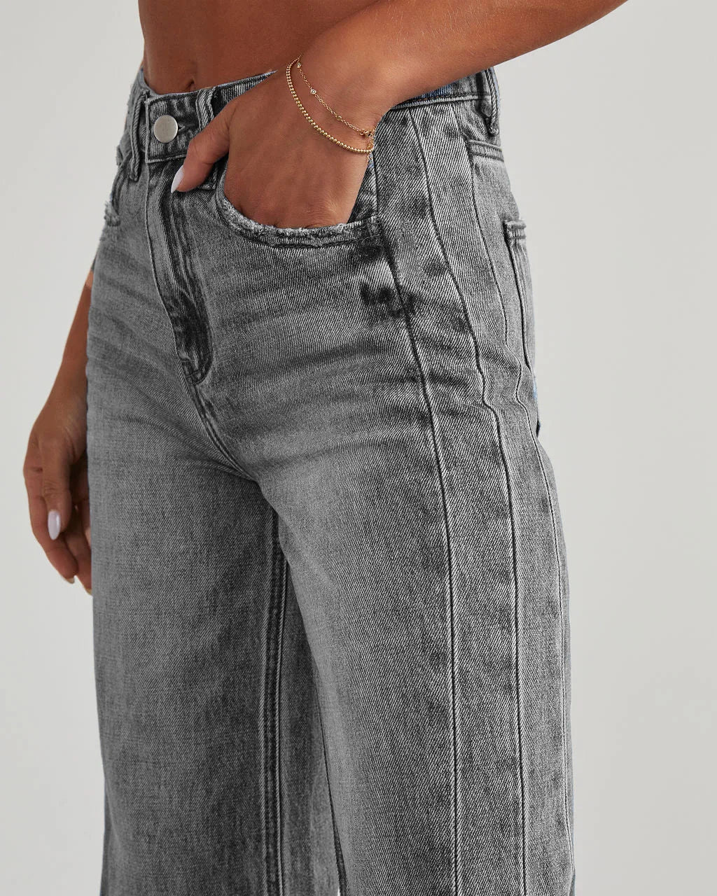 Damen Weitbein Jeans Grau Raw Hem