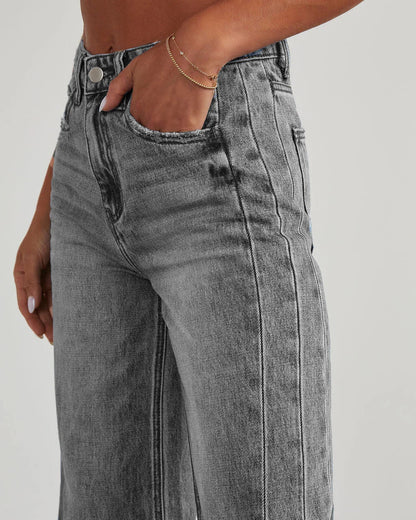 Damen Weitbein Jeans Grau Raw Hem