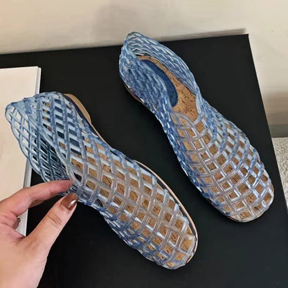 Damen Jelly Sandalen Transparentes Mesh Flache Farbige Runde Zehen