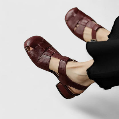 Damen Vintage-Sandalen Peeptoe Blockabsatz