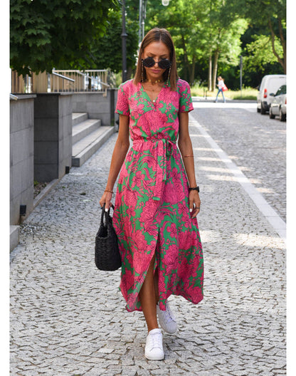 Damen Wickelmaxikleid V-Ausschnitt Kurzarm Bindegürtel Sommer