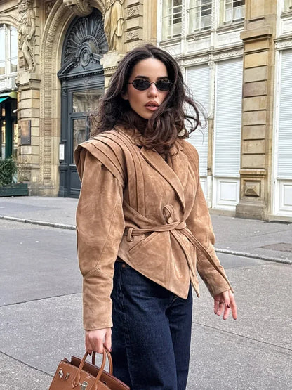Damen Suede Jacke Vegan Veloria Taillengürtel