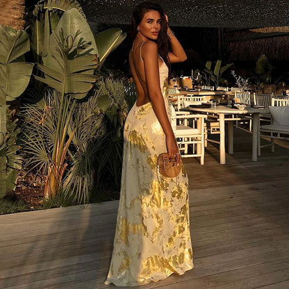 Damen Abendkleid Spaghettiträger Goldschimmer Rock