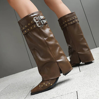 Western Kniestiefel Damen Doppel-Schnalle Spitze Kappe