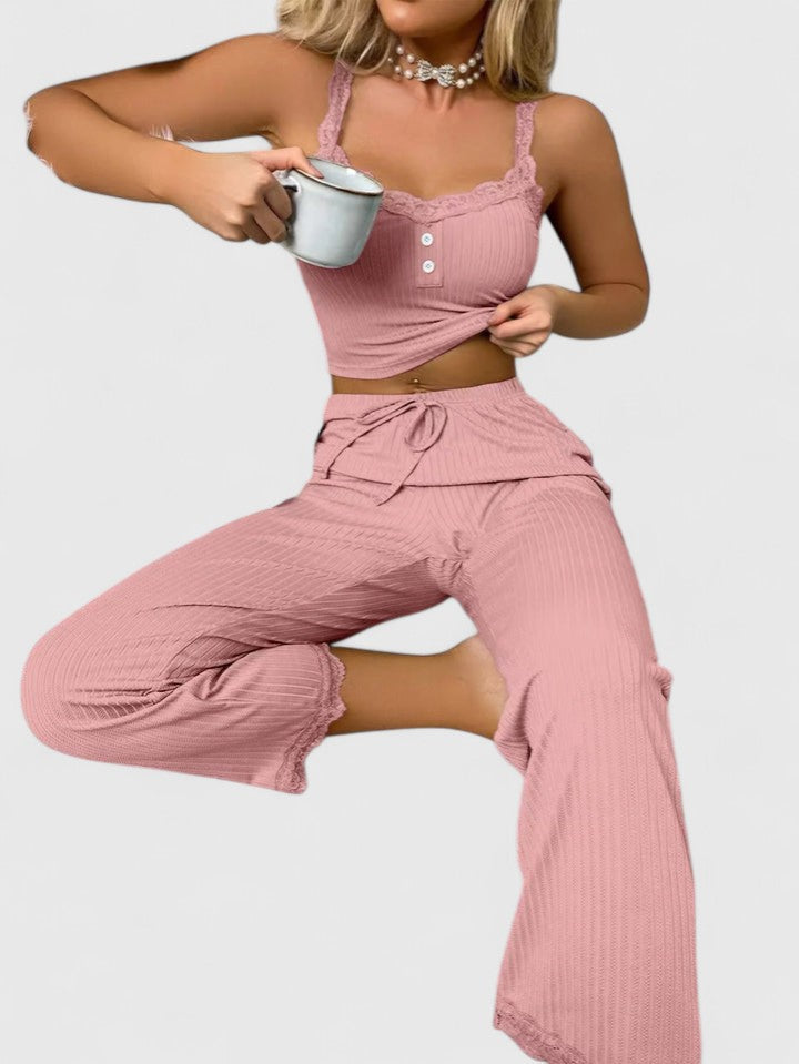 Damen Pyjama-Set Gerippt Spitzenbesatz - Norvielle