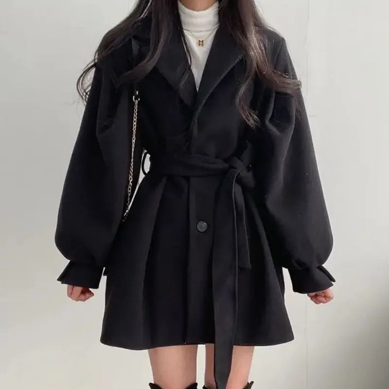 Damen Trenchcoat Puffärmel Bindegürtel