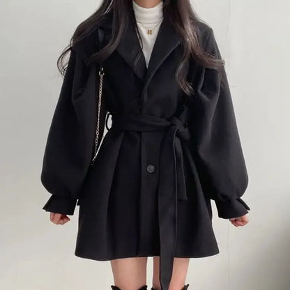 Damen Trenchcoat Puffärmel Bindegürtel