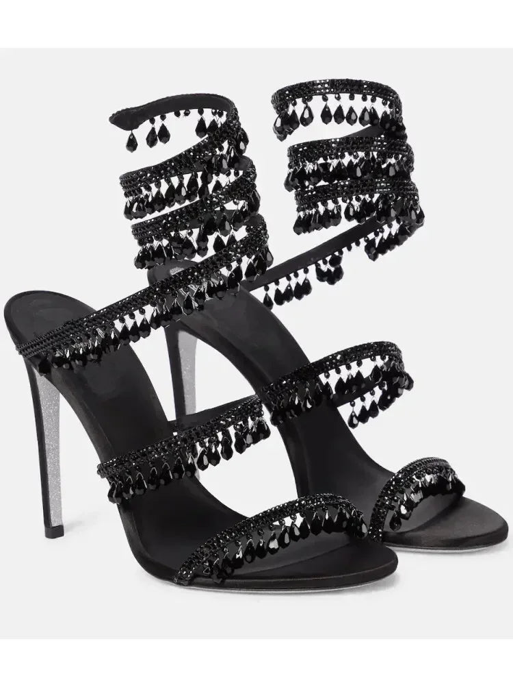 Damen Sandalen Crystal Wrap Heels mit Wickel-Knöchelband Eleganz