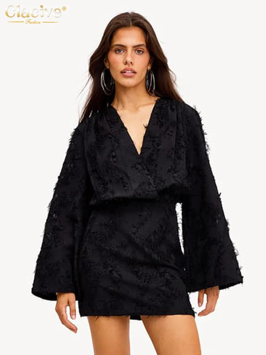 Damenkleid Gelb V-Ausschnitt Langarm Mini Kleid