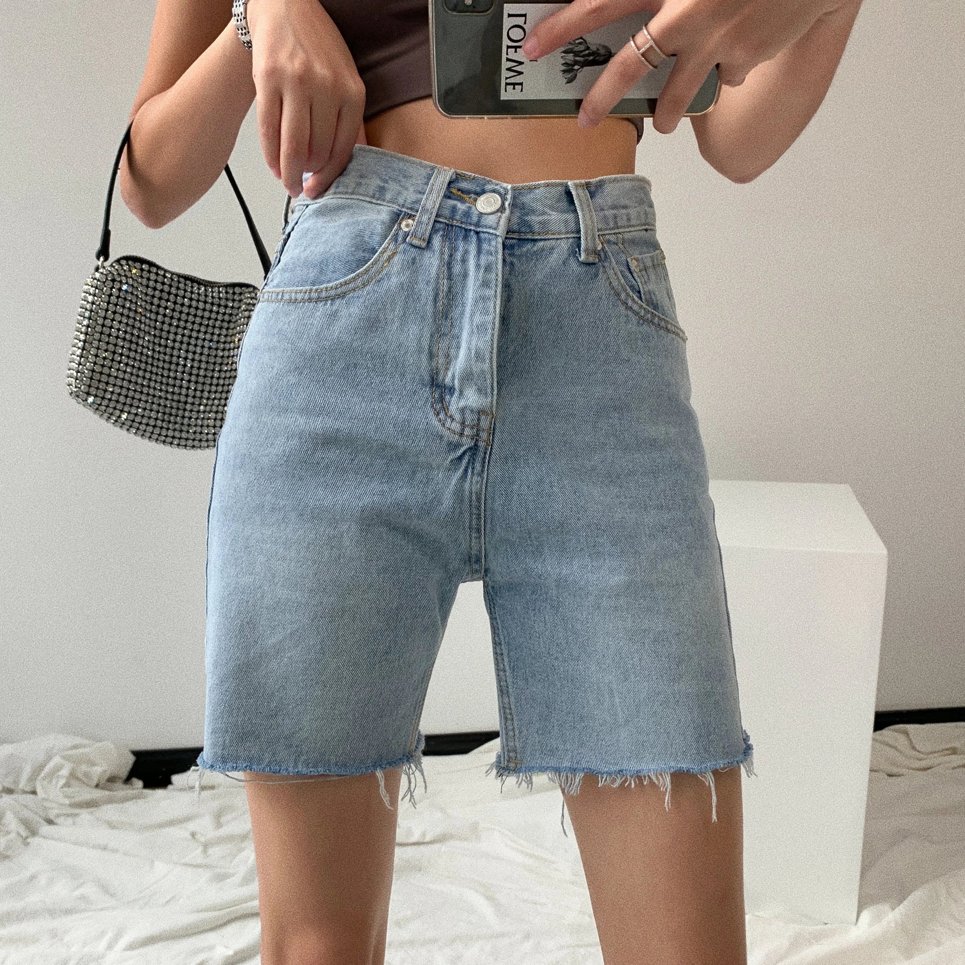 Damen Bermuda Shorts Jeans Raw-Hem Dunkelblau - Norvielle