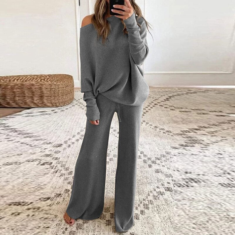 Norvielle Damen Ein-Schulter-Pullover Hosen-Set