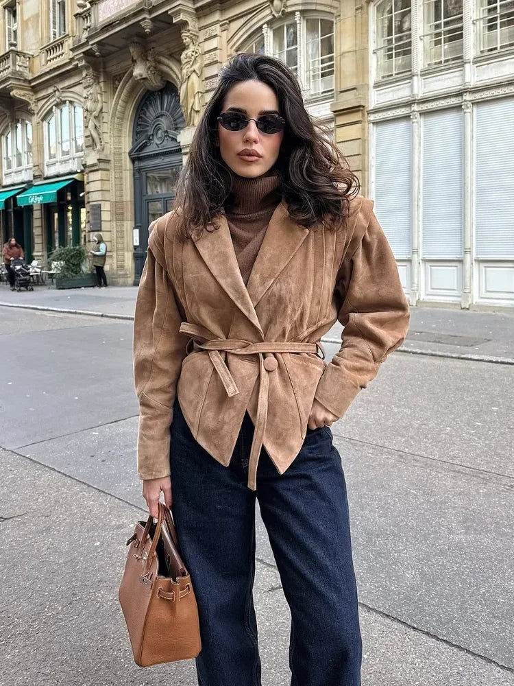 Damen Suede Jacke Vegan Veloria Taillengürtel Braun - Norvielle