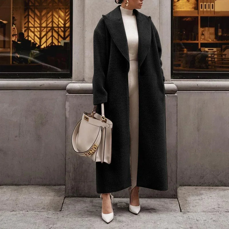 Damen Maxi Wollmantel Lang Fließend Schwarz - Norvielle
