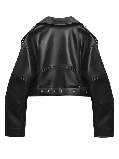 Damen Bikerjacke Cropped Asymmetrischer Reißverschluss Leder