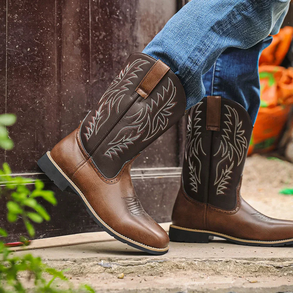 Herren Westernstiefel Mittelhoch Stickerei Braun - Norvielle