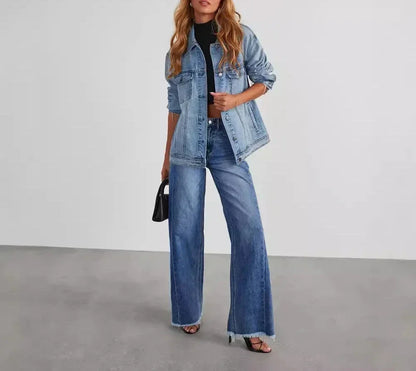 Damen Weitbein Jeans Grau Raw Hem