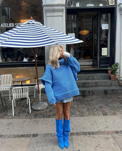 Damen Oversize Rollkragen Strickpullover Grobgestrickt