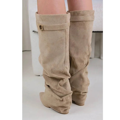 Damen Slouch Boots Faltstiefel Niedriger Absatz